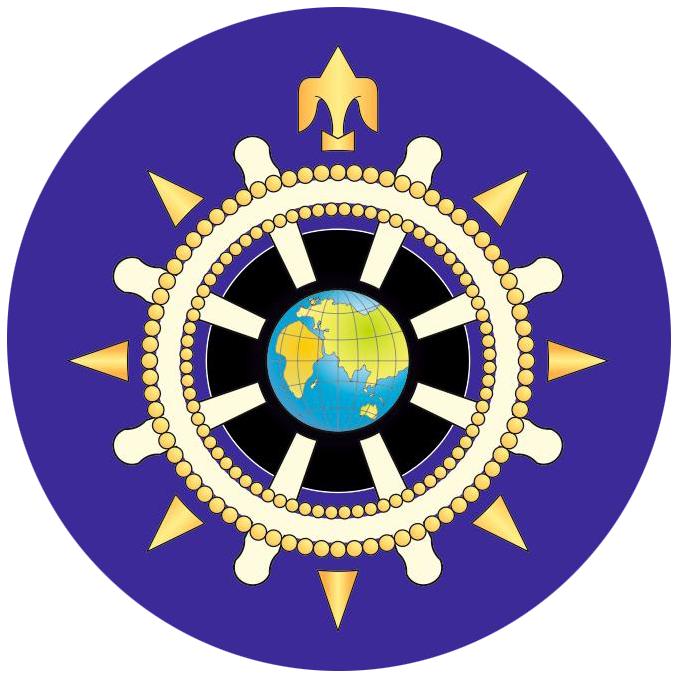 A large image of the Navigating and Direction Officers' Assocciation logo: a stylised 18th century ship's wheel, on a purple background, with an image of the Earth in the centre.